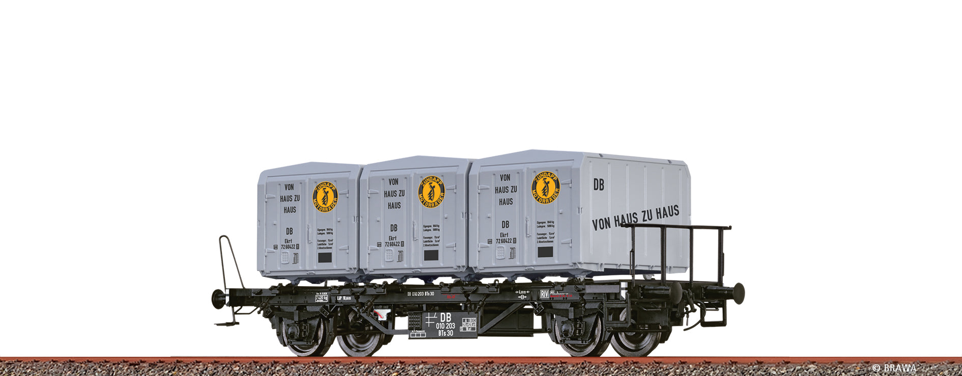 H0 Behältertragwagen BTs 30 DB, mit Ekrt212 "Von Haus zu Haus / Zündapp" $010 203